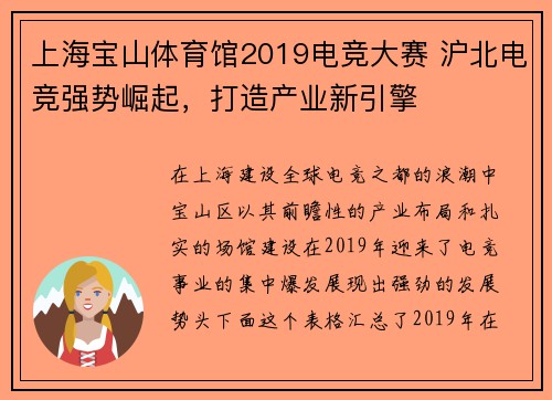 上海宝山体育馆2019电竞大赛 沪北电竞强势崛起，打造产业新引擎